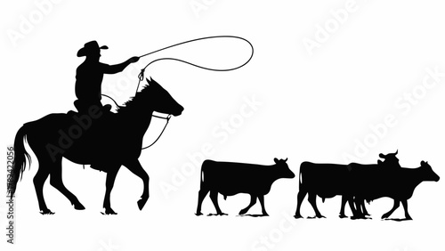 Classic cowboy silhouette rounding up cattle with a lasso, evoking the spirit of the American West and rugged ranch life, perfect for western themes
