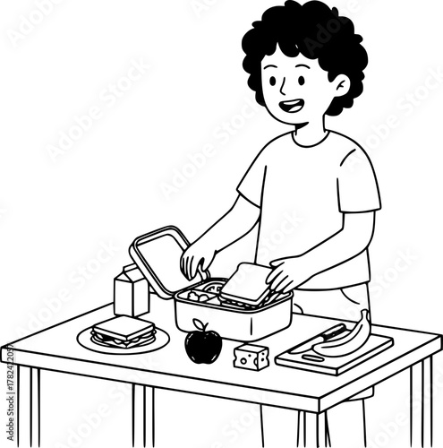 Black and White Cartoon Kid Preparing Lunchbox Vector — Coloring Page