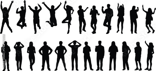 Silhouette people poses, jumping dancing gestures, standing contemplative stances, expressive human posture collection, active lifestyle illustration, emotional body language,