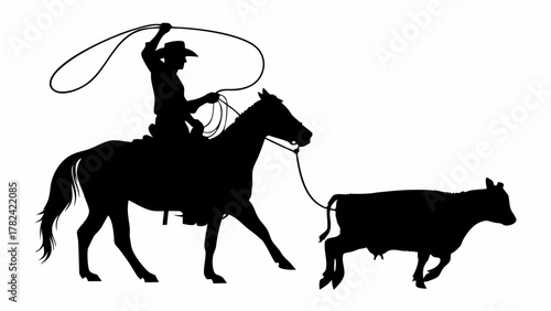 Iconic silhouette of a cowboy riding horse and roping cattle, capturing the spirit of the American West and ranching culture, perfect for rustic designs