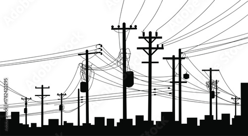 Urban cityscape silhouette with utility poles, power lines, transformers, electrical grid infrastructure, industrial skyline, energy distribution network, metropolitan architecture,