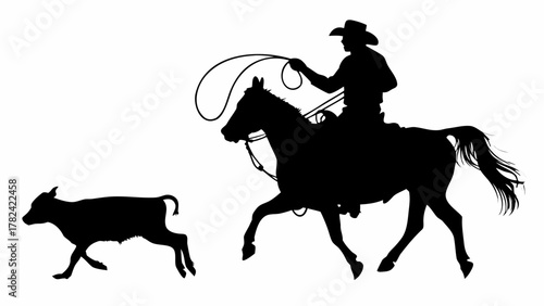 Bold cowboy silhouette riding horse, roping calf in the Wild West, evokes adventure, freedom, and the spirit of American ranching, perfect for western themes