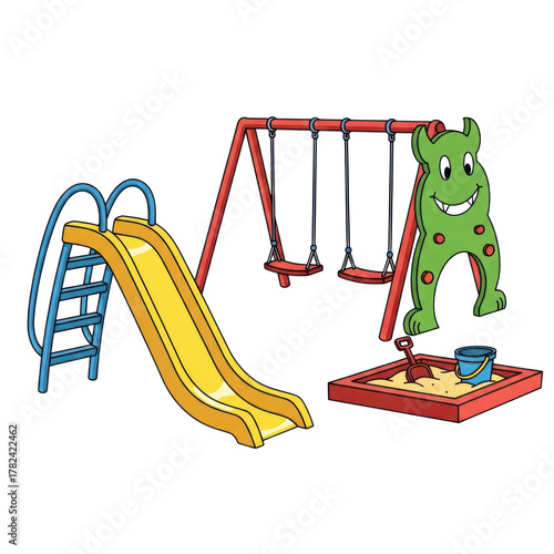 Fun cartoon playground with slide, swings, sandbox, and monster climber inspires childhood joy and active play for kids in a vibrant outdoor setting