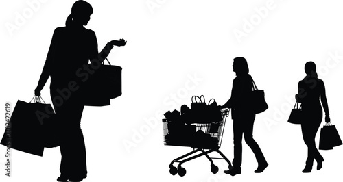 Shopping silhouettes, walking shoppers, retail activity, consumer behavior, black vector, shopping cart, carrying bags, market lifestyle, buying moment, illustration concept