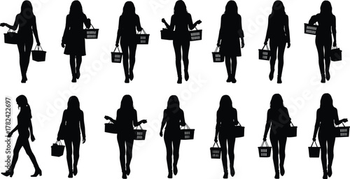 Walking shopper silhouettes, black vector, shopping basket, retail behavior, human motion, posture variation, consumer activity, market scene, lifestyle concept, illustration