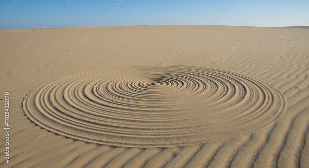 Naklejka premium Intricate Circular Patterns Etched into Golden Desert Sands Under a Clear Sky.