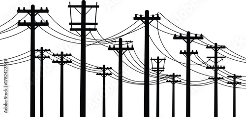 Utility poles with power lines perspective, electricity distribution infrastructure, energy transmission network, industrial engineering structure, electrical grid system, rural power supply, 
