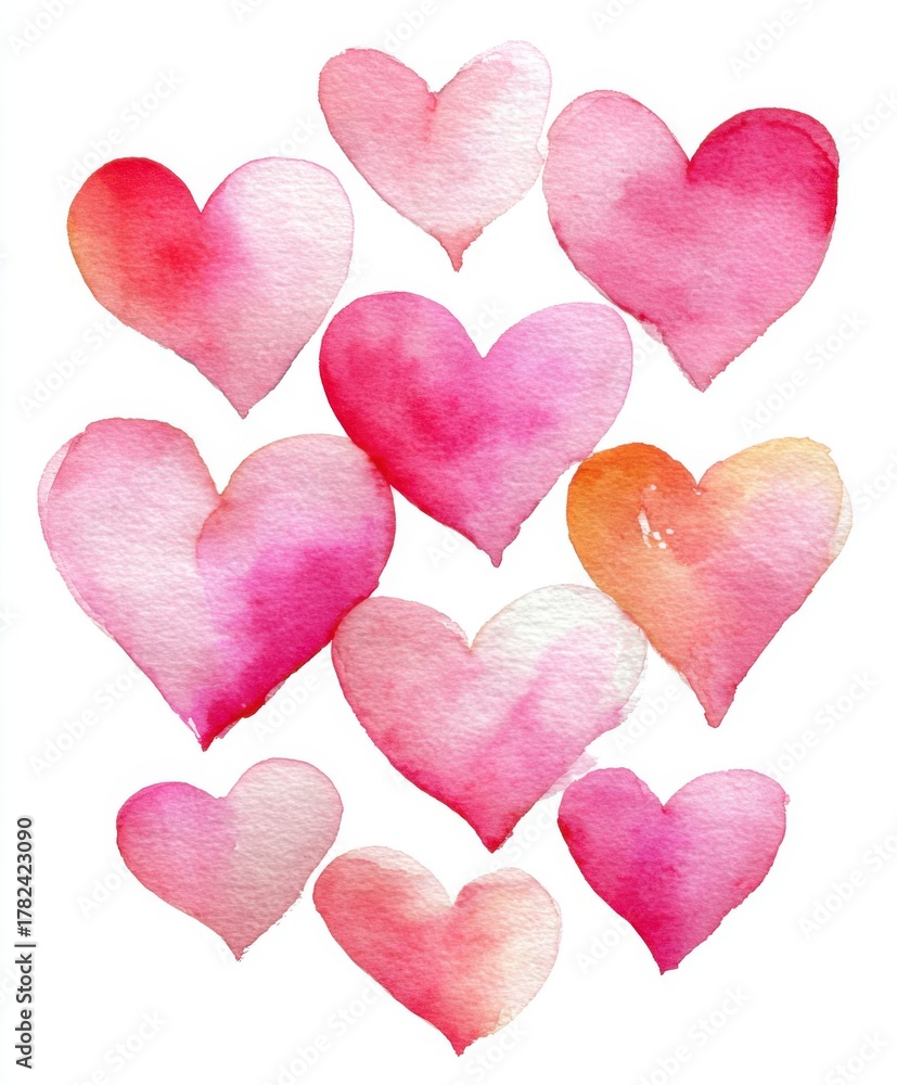 Fototapeta premium Watercolor Pink and Red Hearts Pattern, Love, Romance, Romantic