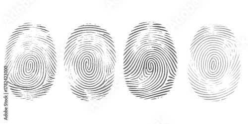 Set of fingerprint black different fingerprints are shown, each with a different pattern on white background.
