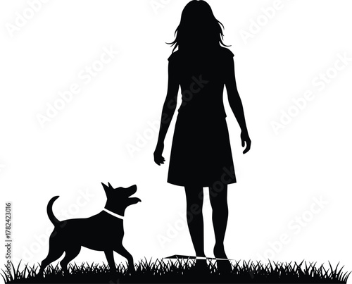 Woman with dog, silhouette illustration, black vector, outdoor scene, pet interaction, grassy ground, peaceful moment, animal care, lifestyle concept, companionship