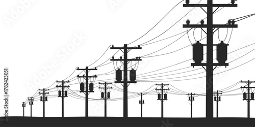 Utility poles, electrical infrastructure, overhead power lines, distribution network, energy supply, industrial electricity, grid system, rural landscape, silhouette structure