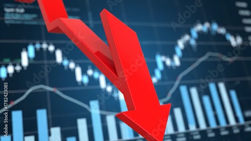 A large 3D red arrow points downward over a blurred financial chart backdrop