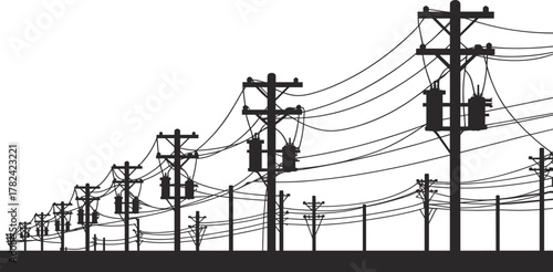 Utility poles, electrical power lines, distribution system, transformers, infrastructure, energy supply, electricity grid, industrial network, urban technology, perspective view,