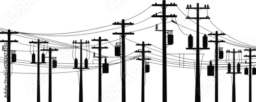 Utility poles, electrical power lines, transformers, insulators, crossarms, urban infrastructure, energy distribution, electricity grid, industrial network, engineering illustration