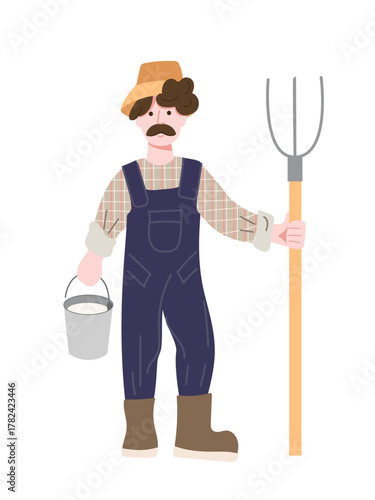 Illustration of a male farmer in a hat and overalls holding a pitchfork and a bucket of milk isolated on white background 