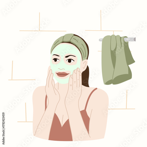 Illustration of a woman  happily applying a face mask with her hands in a clean, modern bathroom. Self-care and skincare rituals concept