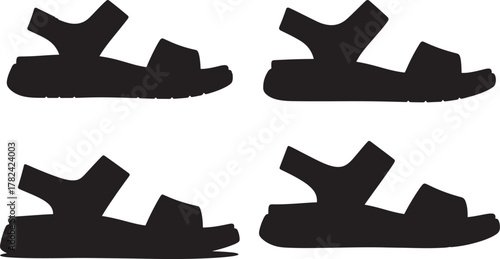 Four black silhouette sandals isolated on transparent background