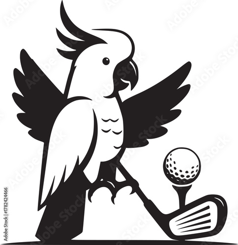 Whimsical bird holding a golf ball with a hint of playfulness
