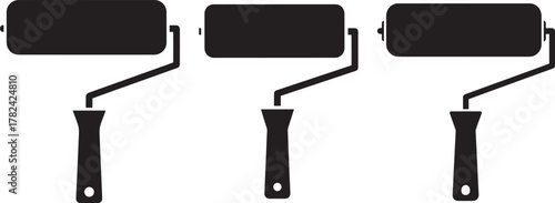Three black paint rollers in silhouette isolated on transparent background