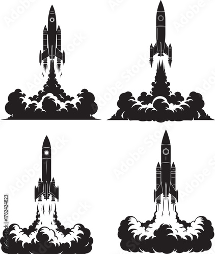 Four black silhouettes of rockets launching with smoke trails isolated on transparent background