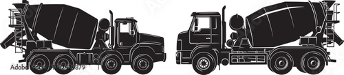 Two detailed black silhouette cement mixer trucks isolated on transparent background