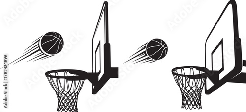 Two basketball hoops with balls in motion silhouette isolated on transparent background