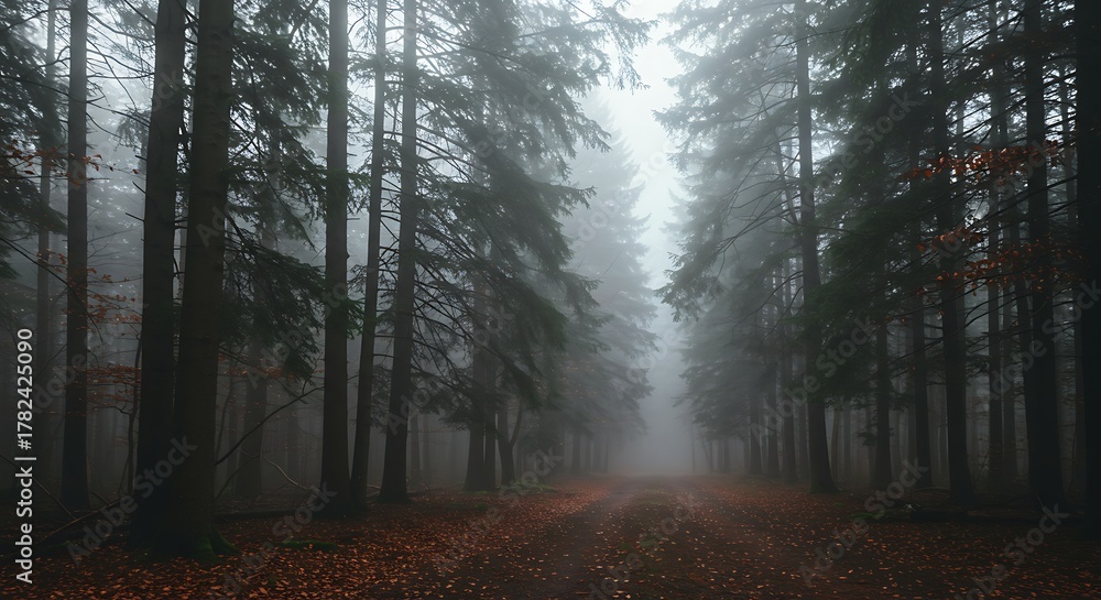 Fototapeta premium Misty Forest Path with Tall Pine Trees and Autumn Leaves.