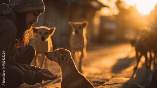 Volunteer feeding stray dogs during sunset in an outdoor setting