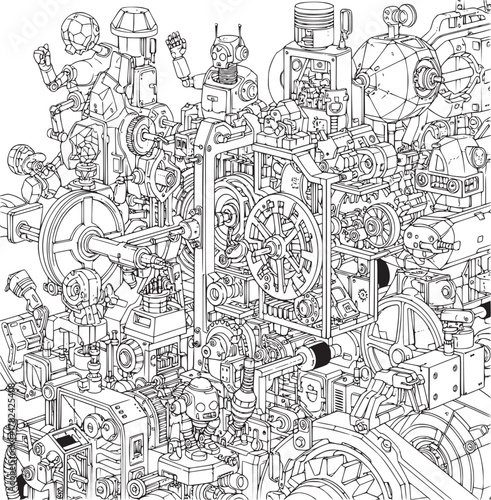 Detailed illustration of a complex mechanical device with gears and intricate components