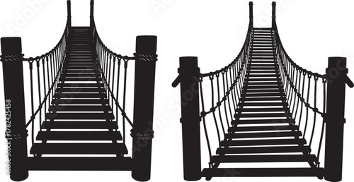 Two black rope suspension bridges in silhouette isolated on transparent background