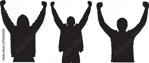 Three people with arms raised in celebration or victory silhouette isolated on transparent background