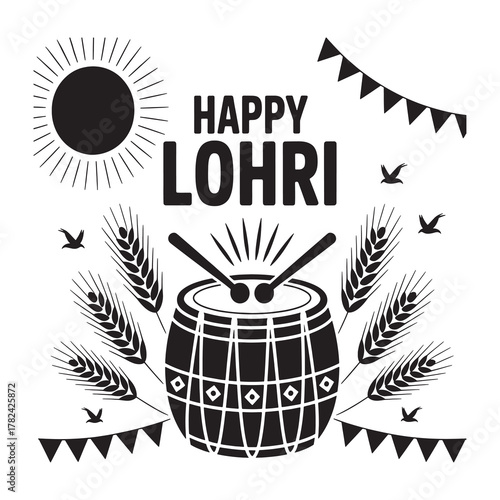 Lohri Festival Greetings Featuring Dhol Drum and Wheat