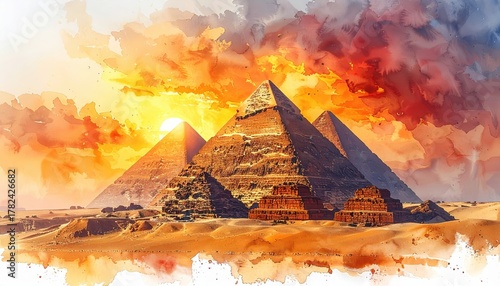 Three majestic Egyptian pyramids rise from a golden desert landscape under a vibrant watercolor sunset sky