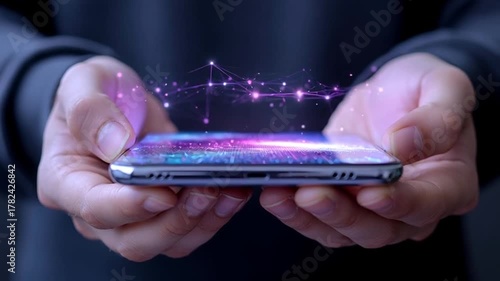 Mobile Technology Concept: Person Holding Phone with Futuristic Holographic Network