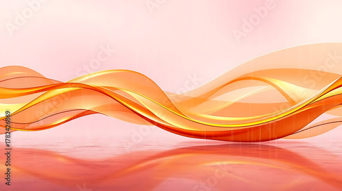 Dynamic abstract orange and yellow wave forms gracefully flowing over a reflective pink surface, creating a vibrant and modern visual design background for various projects