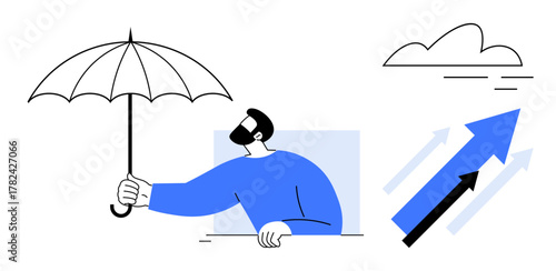 Man under umbrella guarding against challenges, cloud overhead, arrows indicate growth, progress, resilience. Ideal for concepts thumbs up protection, security, strategy, risk management progress