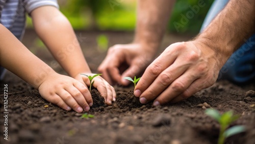 Child and Adult Hands Planting Native Seeds in Fertile Soil