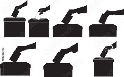 Collection of silhouette hands casting votes into ballot boxes isolated on transparent background