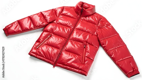 “Red Down-Filled Shiny Jacket on White Background, Vibrant Fashion Outerwear Concept, Winter Style Apparel”
