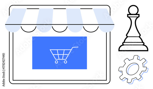 Digital storefront icon with striped canopy, shopping cart logo, gear, and chess pawn. Ideal for e-commerce, strategy, business planning, online shopping, digital marketing operations innovation
