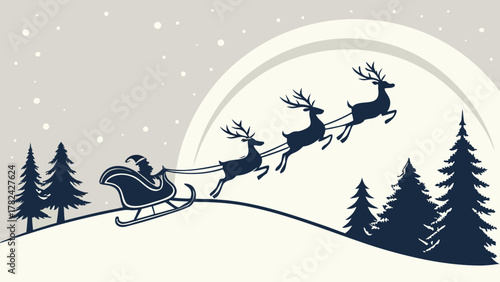 Santa claus silhouette in sleigh pulled by reindeer flying over snowy landscape with pine trees and moon