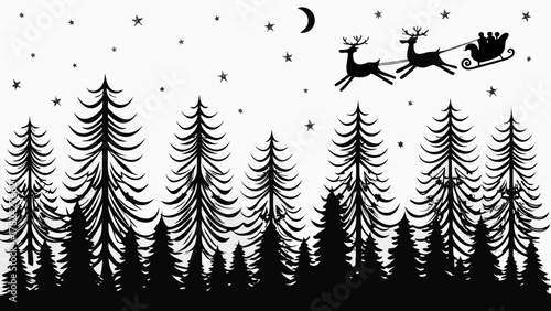 Silhouette of santa claus flying in his sleigh pulled by reindeer over a forest at night with moon and stars