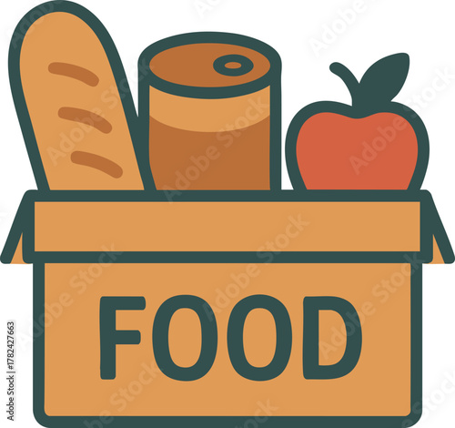 Food donation box filled with groceries and label