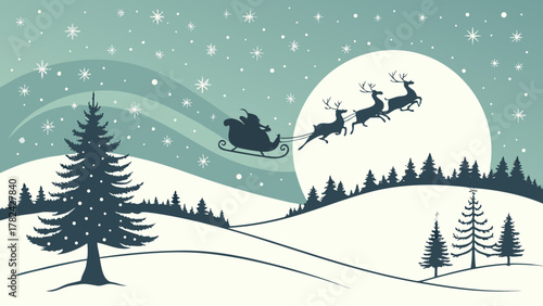 Santa claus and reindeer in a sleigh flying across a snowy winter landscape under a full moon