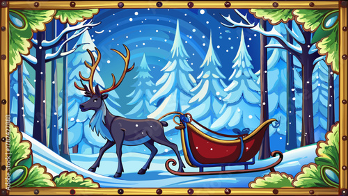 A majestic reindeer pulls a festive sleigh through a snowy winter forest with falling snowflakes