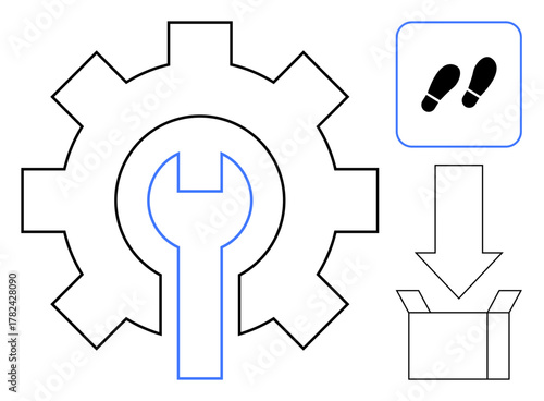 Gear with wrench for system setup. Footsteps suggest guided steps, arrow indicates process flow, and box implies unpacking or delivery. Ideal for automation, workflows, logistics, user onboarding