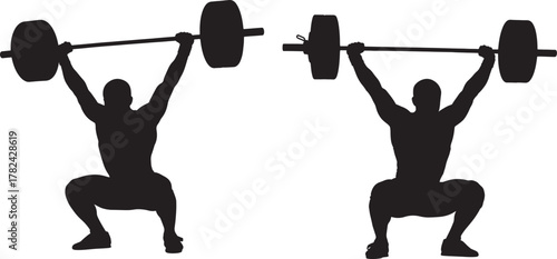 Two silhouettes of a weightlifter performing a clean and jerk lifting a barbell overhead isolated on transparent background silhouette