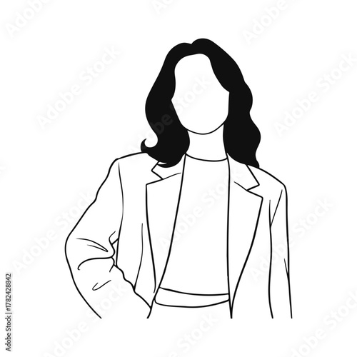 Minimal black and white outline of trendy woman in blazer and crop top