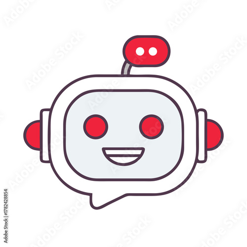 Smiling chatbot icon with red accents and speech bubble design  
