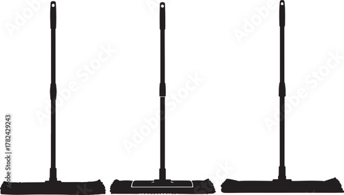Three black cleaning mops with adjustable handles in silhouette isolated on transparent background